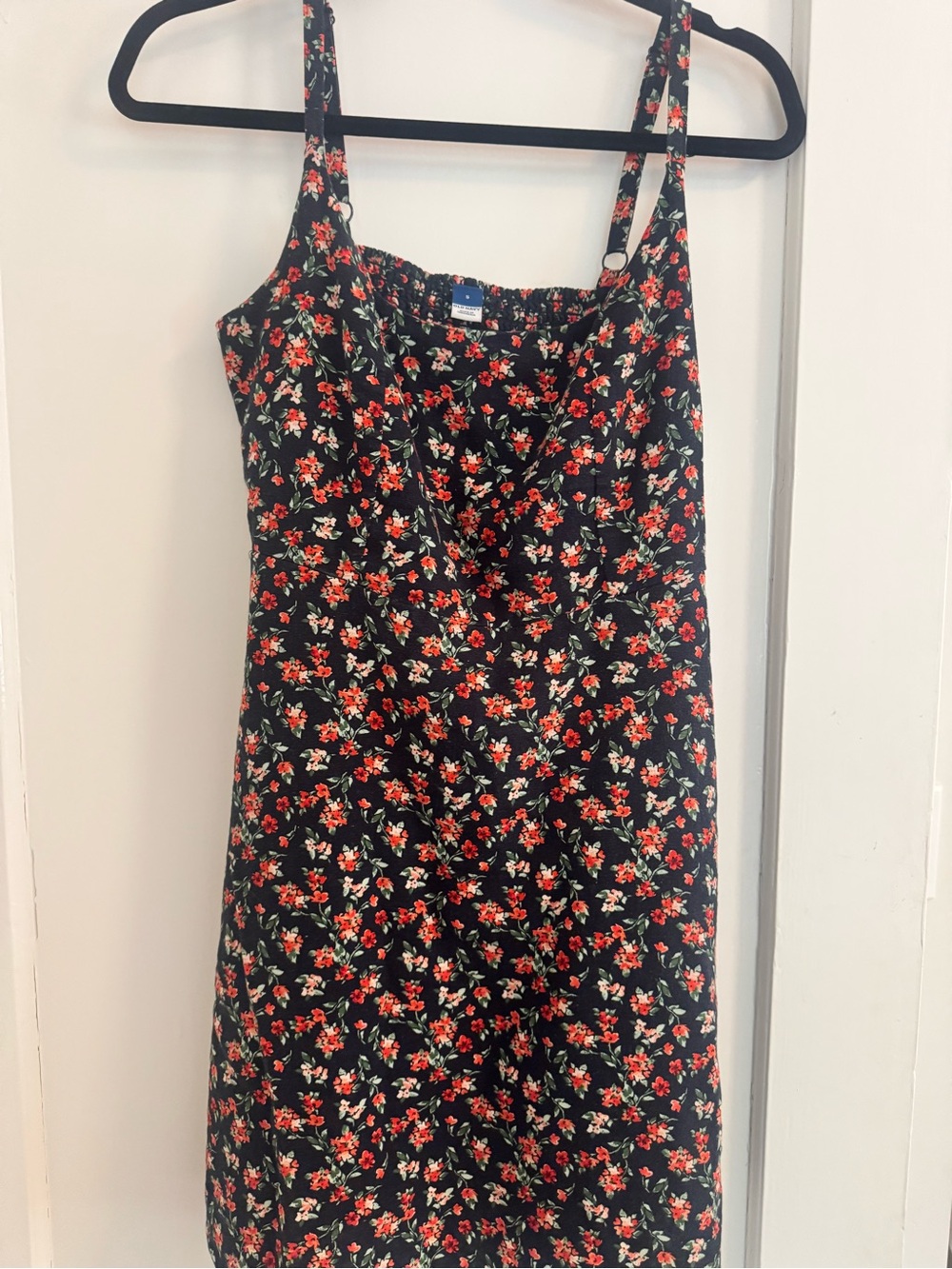 Navy floral Sundress with Red and Cream Blossomsw